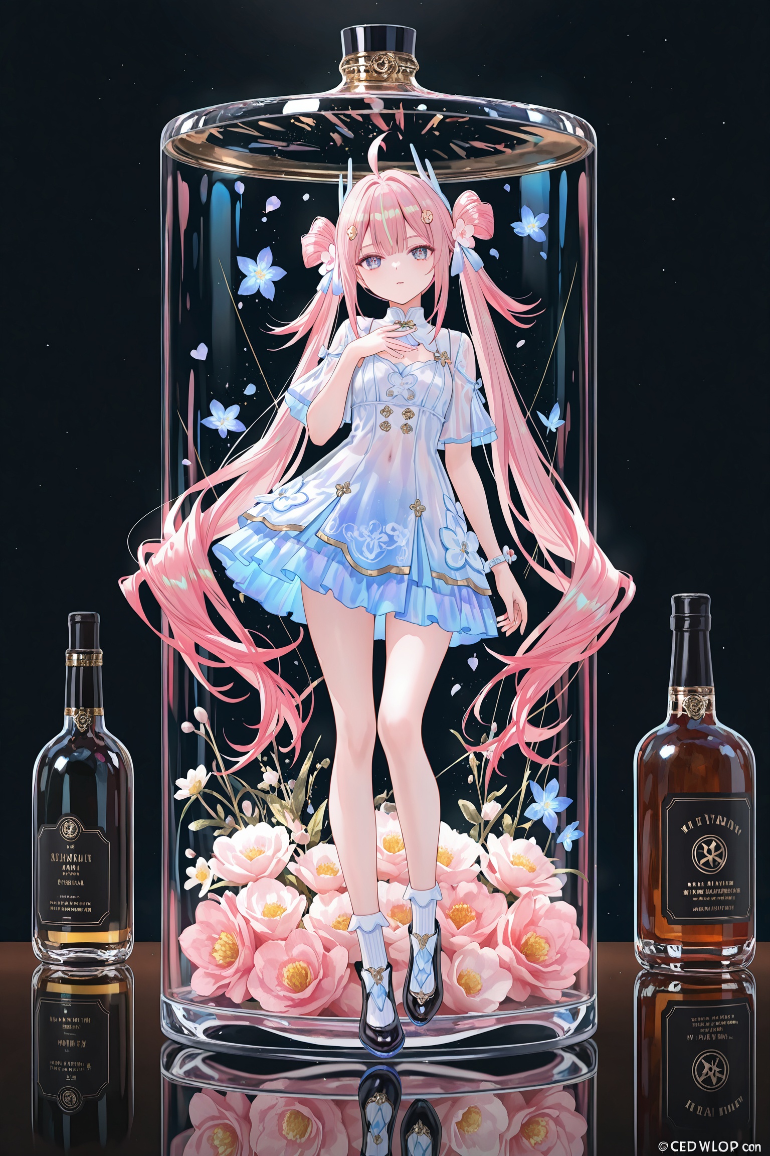 masterpiece,best quality,good quality,((artist:reoen),(artist:fuzichoco),(artist:atdan),(artist:torino_aqua),year 2024:0.8)1girl,[artist:wlop],jijia,2d,anime,1girl,solo,looking at viewer,in container,see-through,standing,hand up,character name,black background,reflection,copyright name,gradient,a glass bottle with a picture of a woman on it,a picture of a girl inside a clear container with a bunch of stuff in it,interval glass,inside the container,glass separation,<lora:youyun-noob-Tanger:0.8>,youyun,clothes: youyundef short dress,youyundef hair ornament,1girl,pink hair,very long hair,ahoge,twintails,socks,hair flower,