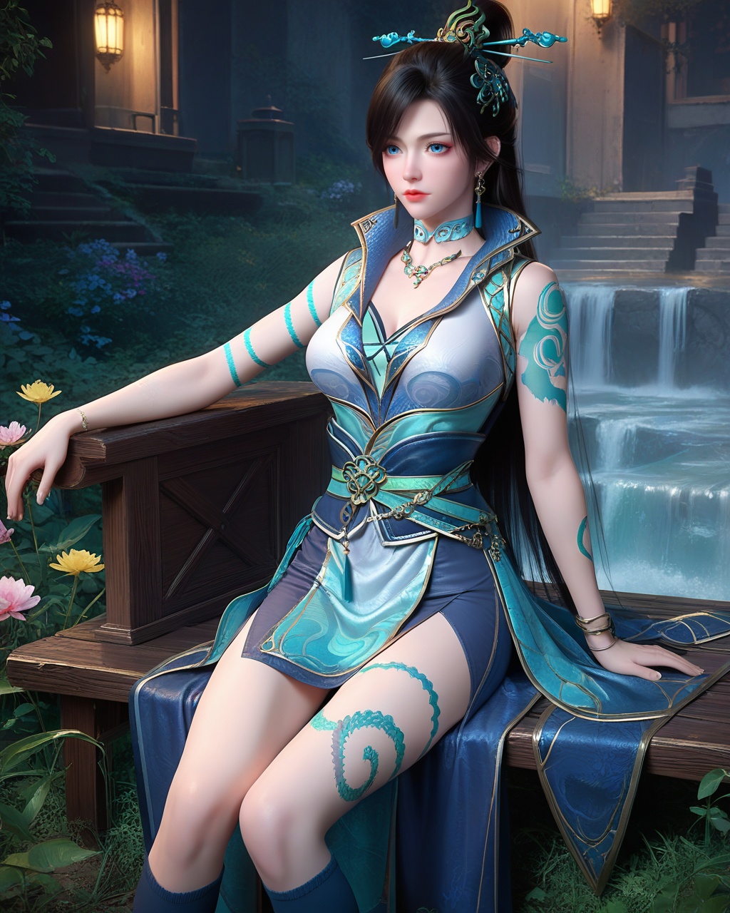 score_9,score_8_up,score_7_up,1girl,long hair,breast,medium breast,earrings,hair_ornament,dress,high quality,outdoors,sitting,gaden,flower,<lora:wy_qinglin_XL7.0:0.8>,black hair,blue eyes,arm_tattoo,socks_over_thighhighs,muscular,