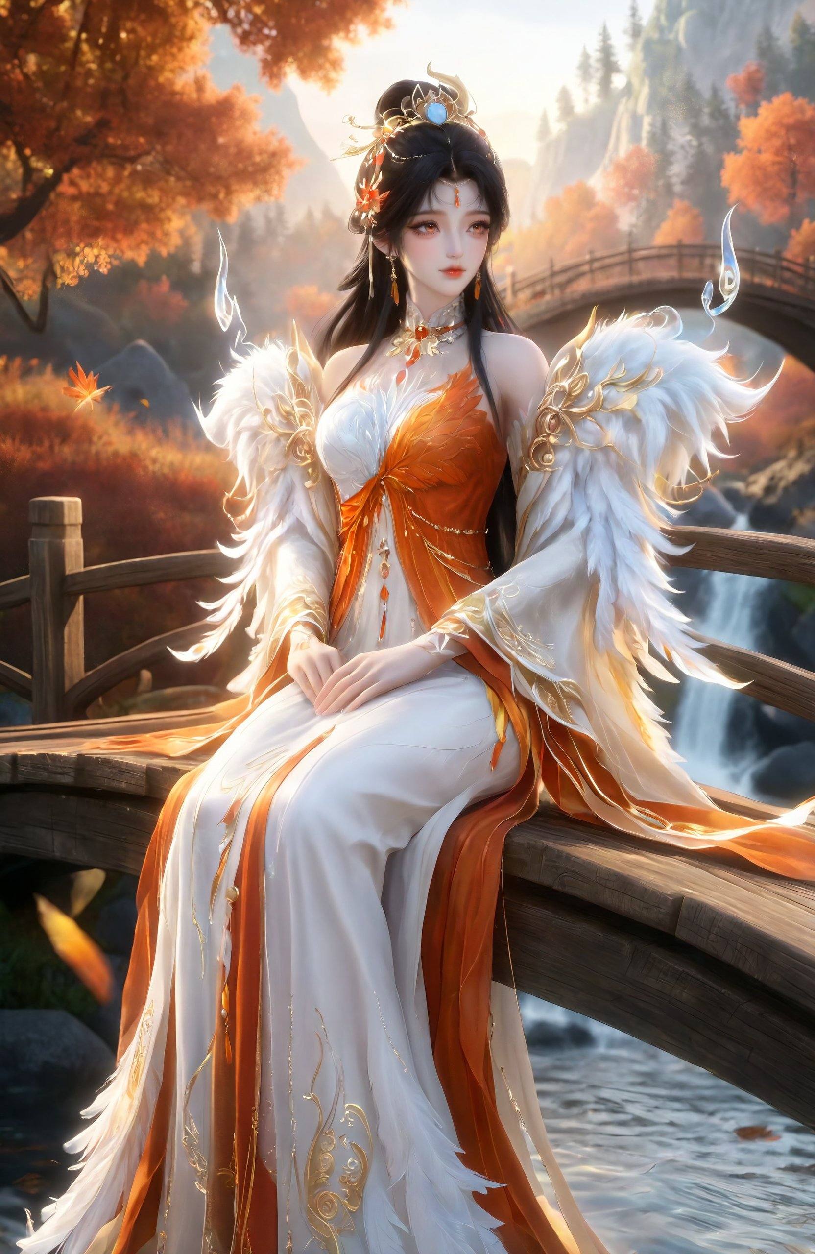 YY Anime style,  This digital artwork features a fantasy-style portrait of an elegant,  ethereal woman seated on a wooden...