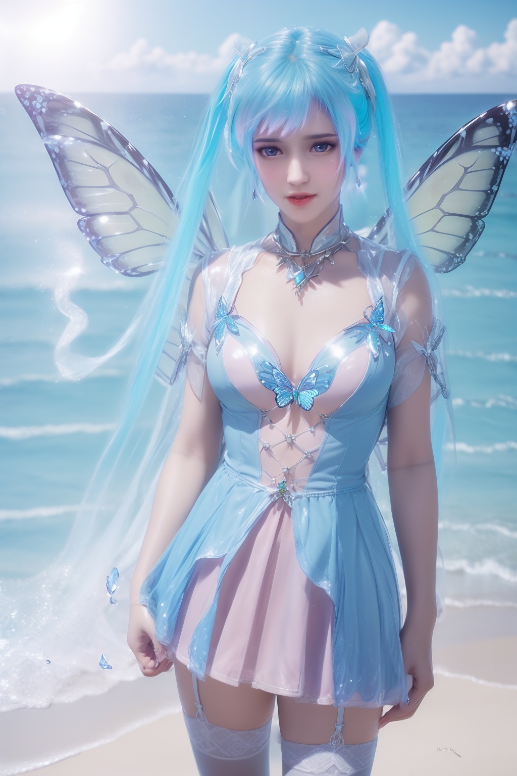 photo_\(medium\),(8k, RAW photo, best_quality),(masterpiece:1.2),(realistic:1.2),(photorealistic:1.3),(ultra-detailed),(extremely_detailed_cg_8k_wallpaper),(crystal_texture_skin:1.3),(shiny:1.2),(shiny_skin:1.4),(extremely_delicate_and_beautiful),Summer,Beach,Sea,sunshine,shenfengTangWuTong,1girl,solo,torogao,dress,blue hair,gradient hair,blue theme,twintails,standing,butterfly,butterfly wings,pleated skirt,white thighhighs,wings,jewelry,hair ornament,lips,realistic,looking at viewer,<lora:shenfengTangWuTong_20240511230122-000006:0.7>,
