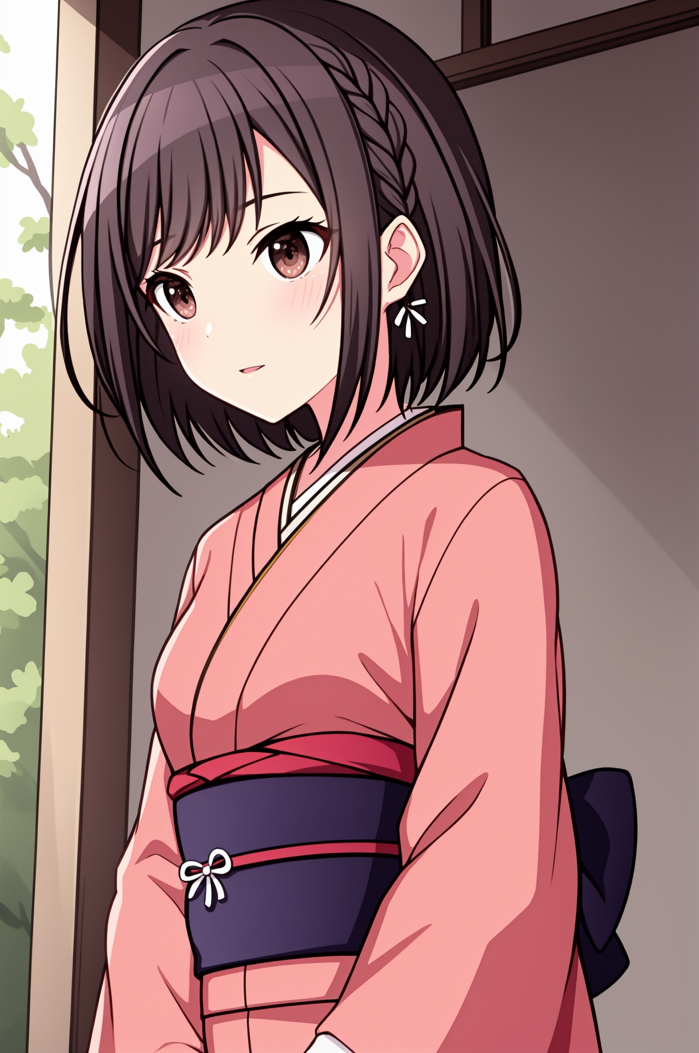 short hair,medium breasts,<lora:DYHM11:0.35>,brown eyes,kimono