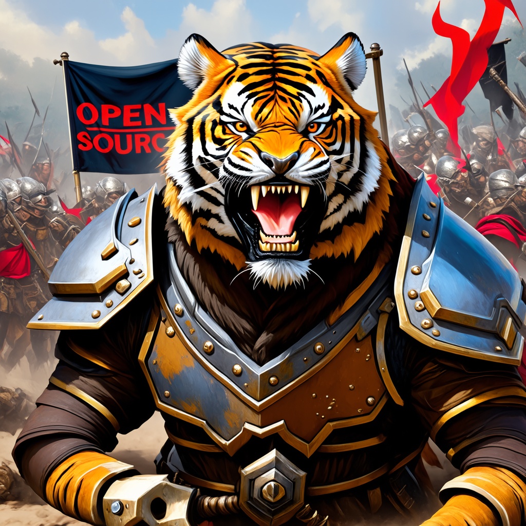 Digital art,  portrait of an anthropomorphic roaring Tiger warrior with full armor,  close up in the middle of a battle on...