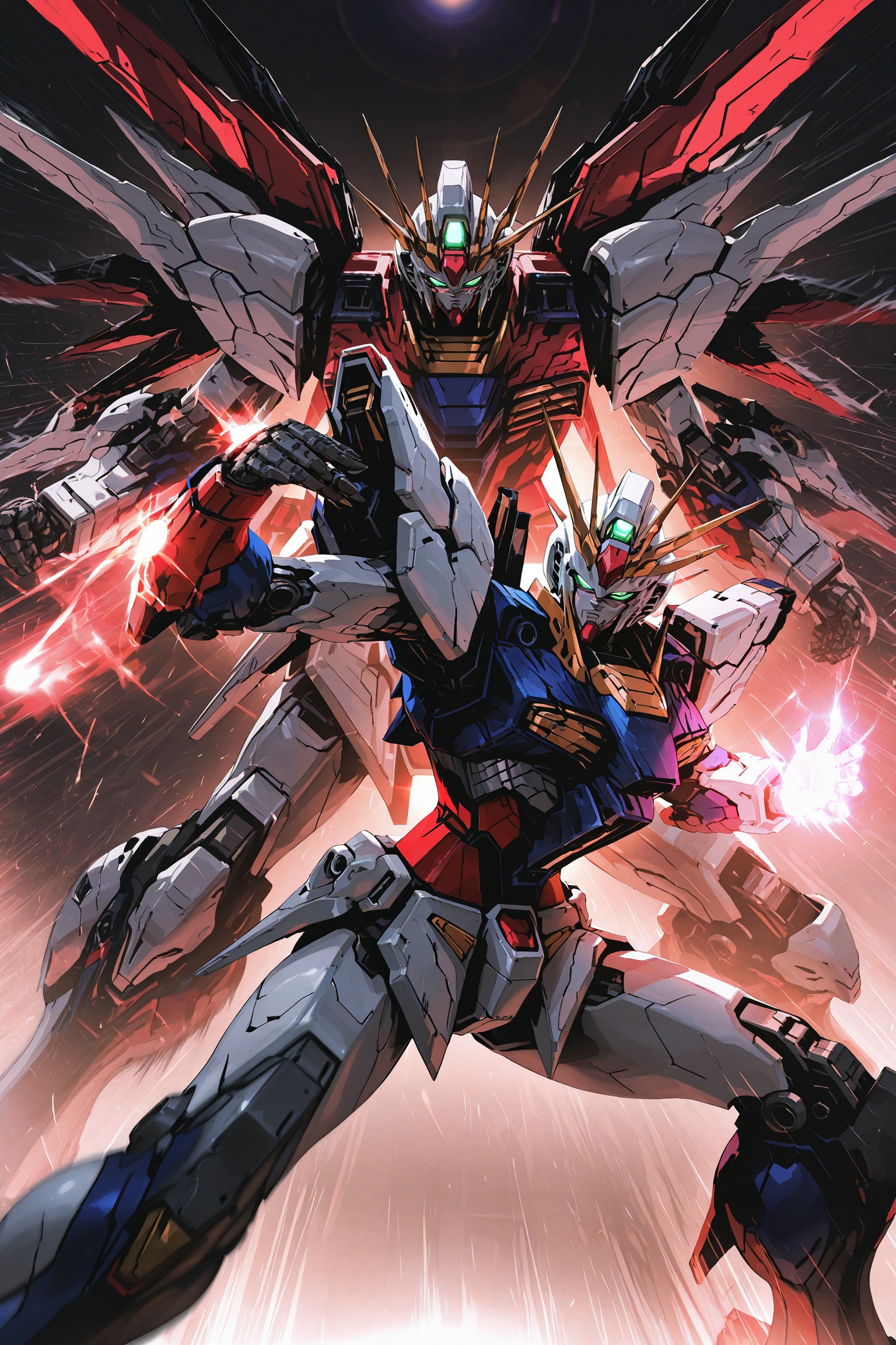 (god gundam, mecha, robot),(masterpiece,best quality,amazing quality,ultra detailed,very aesthetic,absurdres),cowboy_shot,glowing hand,i'm sticking my right hand out to the viewer,fighting_stance,fighting,motion_blur,motion_lines,speed_lines,lens_flare,lean forward,ryukifinalvent,dynamic pose,legs apart,