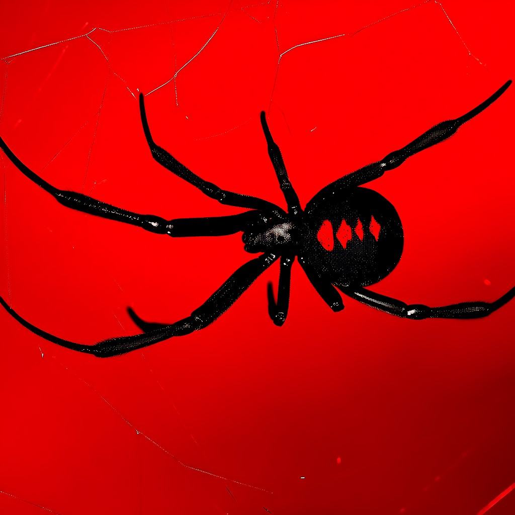 spidersex spidersex,  A glossy black widow spider with a smooth,  lacquered exoskeleton and vivid red hourglass marking re...
