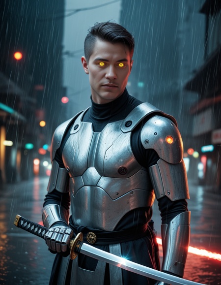 score_9,score_8_up,score_7_up,score_6_up,score_5_up,masterpiece,best quality,realistic,photorealistic,photo \(medium\),absurdres,cinematic,intricate detail,uhd,4k,1boy,samurai,katana,holding katana,sheath,cyberpunk,portrait shot,symmetrical composition,upper body,unsheathing katana,sword held vertically in front of face,sword splitting image in half,glowing eyes,futuristic cyber armor,metallic plating,neon accents,glowing circuit patterns,dramatic lighting,intense expression,smoke in background,rain particles,urban dystopia,highly detailed,realistic shading,centered composition,