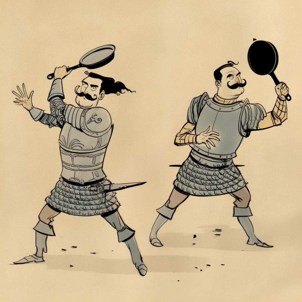 men with mustaches,  wearing armor,  swinging frying pans on Tensor.Art
