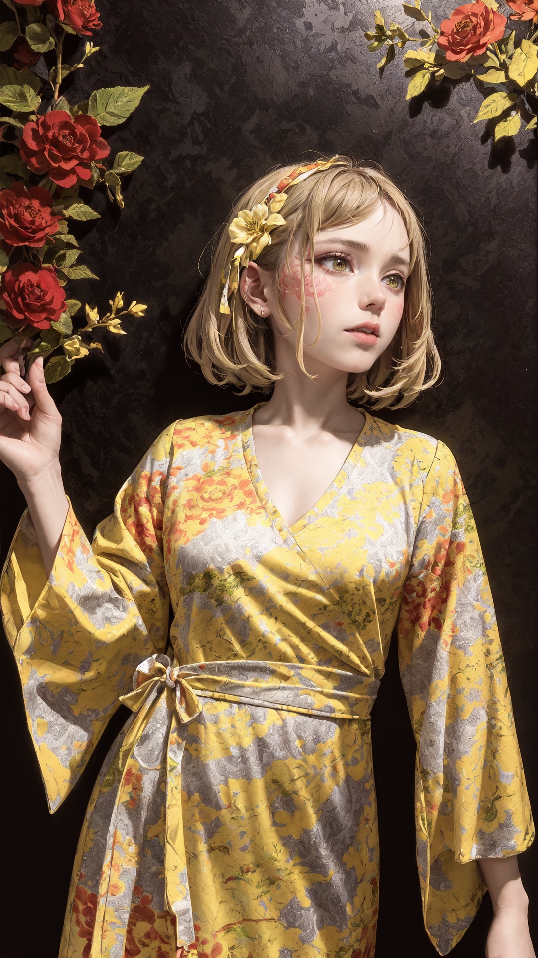 tutututu,dress,yellow flower dress,long sleeves,obi,<lora:yellow_dress_V2-000006:0.65>,official art,unity 8k wallpaper,ultra detailed,beautiful and aesthetic,masterpiece,best quality,(zentangle, mandala, tangle, entangle),(fractal art:1.3),1girl,red flowers,extremely detailed,dynamic angle,cowboyshot,the most beautiful form of chaos,elegant,a brutalist designed,vivid colours,romanticism,by james jean,roby dwi antono,ross tran,francis bacon,michal mraz,adrian ghenie,petra cortright,gerhard richter,takato yamamoto,ashley wood,atmospheric,