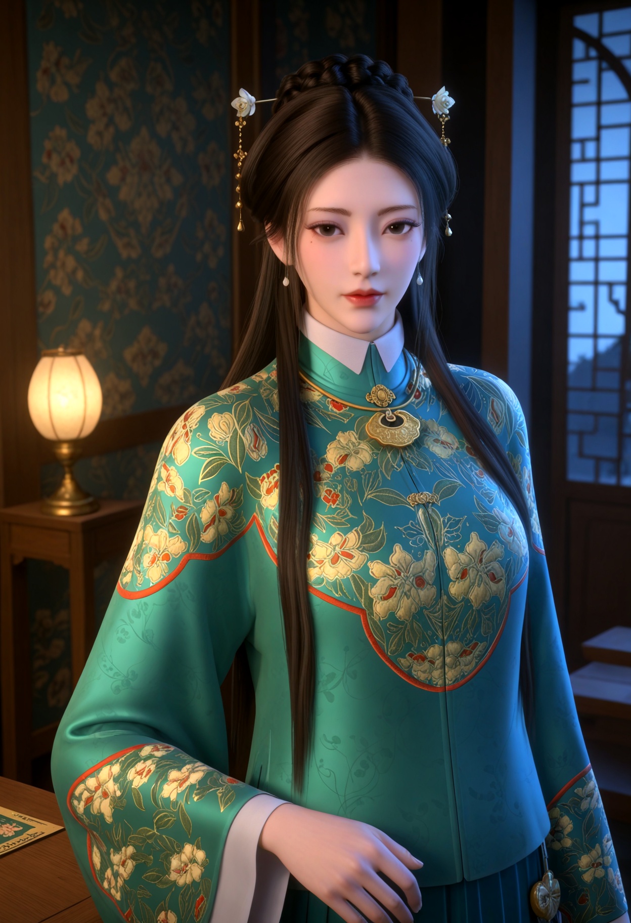 (full_body:1.1),(gigantic breasts:0.6),(slender:1.3),(looking_at_viewer:1.1),(masterpiece:1.1),(best quality:1.2),(intricate details),(smog:1.3),(Dark room:1.3),(dim lighting:1.3),<lora:YQ_Illustrious光辉v5_马怜儿_V1:0.8>,(q1528437228:1.3),solo,1girl,long_hair,hair_ornament,black_hair,chinese_clothes,jewelry,dress,earrings,long_sleeves,realistic,black_eyes,brown_hair,hair_stick,blue_dress,braid,mole,mole_under_eye,half_updo,skirt,green_dress,ribbon,floral_print,hair_bun,hanfu,wide_sleeves,masterpiece,(best quality),(intricate details:0.9) BREAK (intricate details:0.9),(realistic skin:1.2),masterpiece,best quality,newest,absurdres,hiahres,