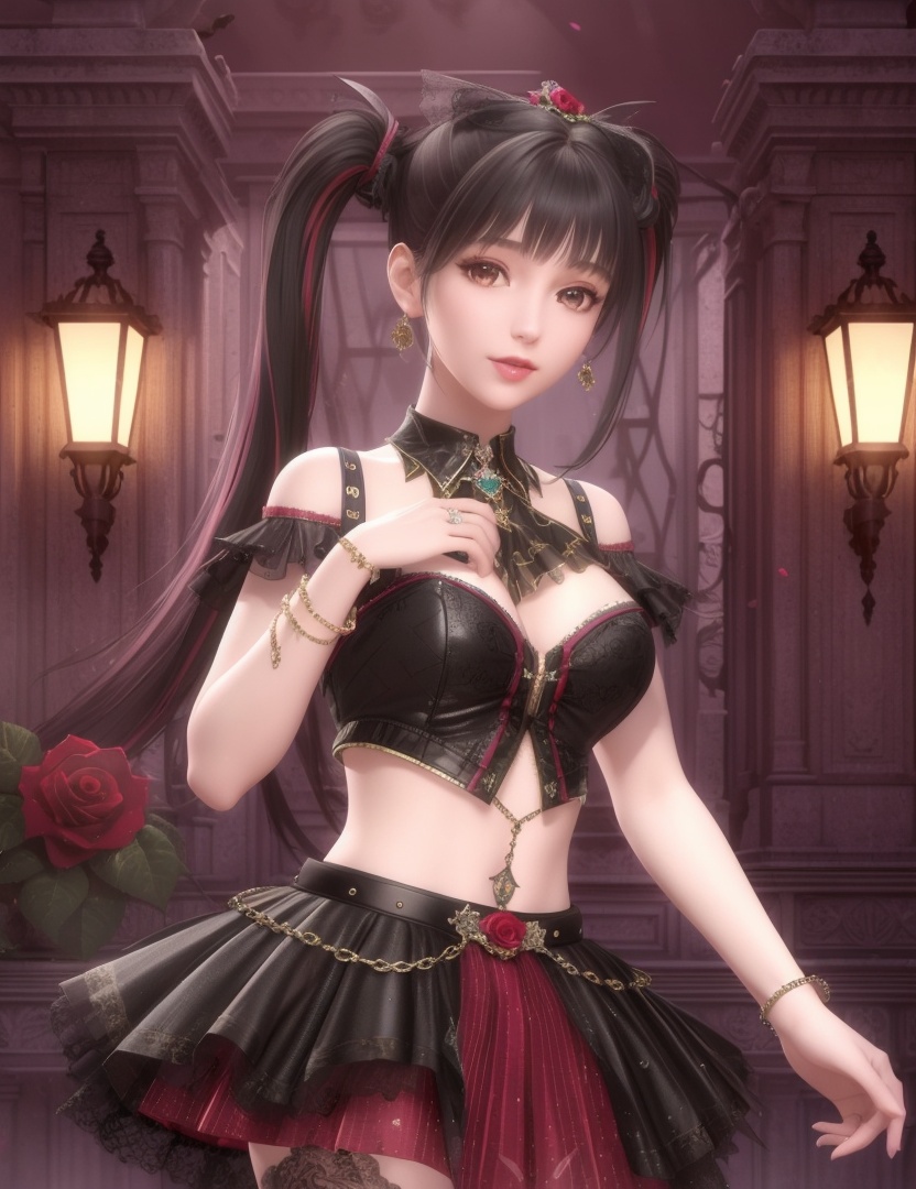 ultra realistic 8k cg, picture-perfect face, flawless, clean, masterpiece, professional artwork, famous artwork, cinematic lighting, cinematic bloom, perfect face, beautiful face, fantasy, dreamlike, unreal, science fiction , beautiful clothes, lace, lace trim, lace-trimmed legwear,  (rich:1.4), prestige, luxury, jewelry, diamond, gold, pearl, gem, sapphire, ruby, emerald, intricate detail, delicate pattern, charming, alluring, seductive, erotic, enchanting, hair ornament, necklace, earrings, bracelet, armlet,halo((,1girl, pov,))  (((,, multiple_girls, 2girls, flower, rose, multicolored_hair, , midriff, twintails, skirt, large breasts, looking at viewer, )))   <lora:DA_ChloeNightWings:0.6>