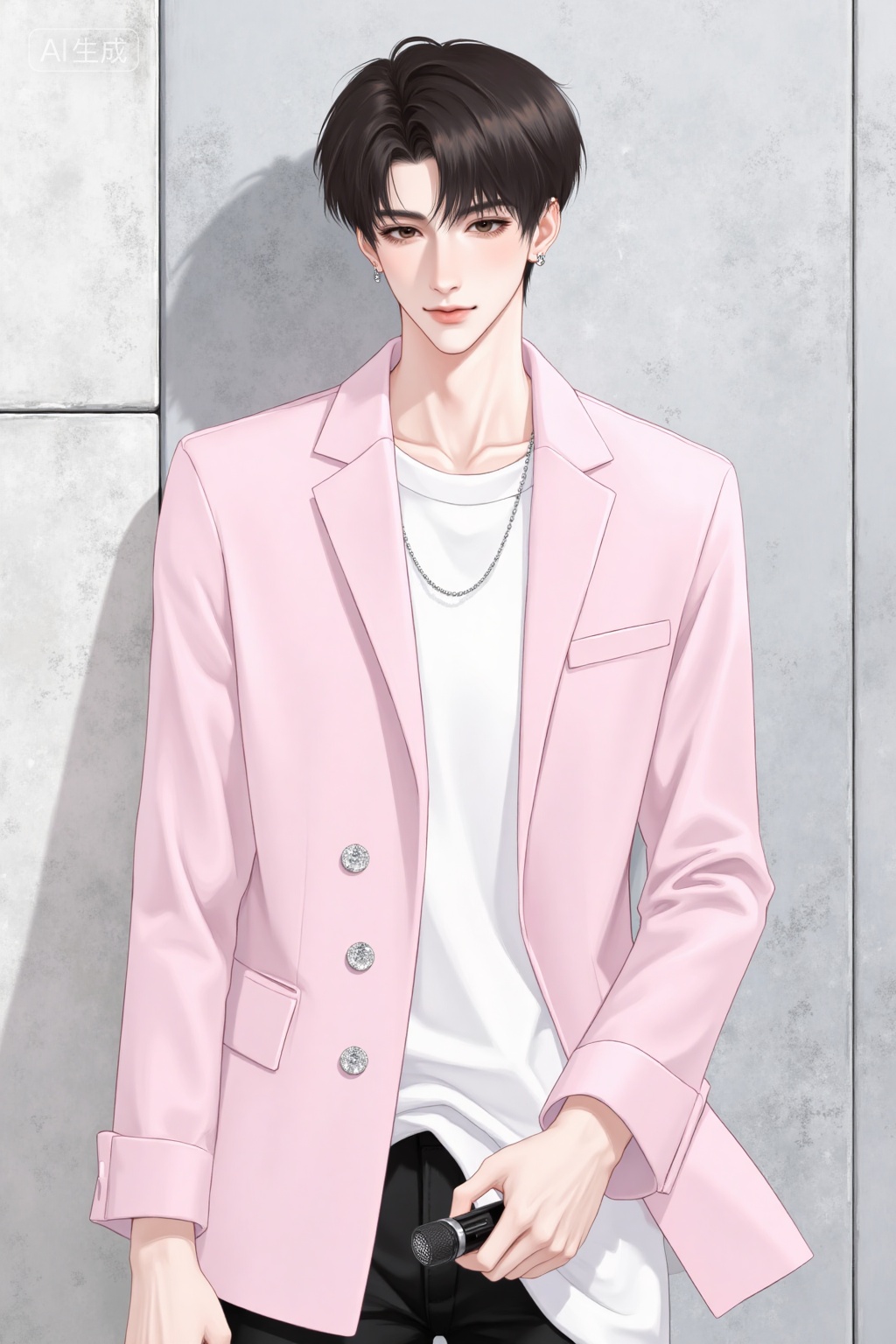 Realistic anime drawing of handsome young man,, K-pop star wears an oversized pastel pink blazer with crystal buttons, leaning against a minimalist concrete wall while holding a wireless microphone., Negative prompt: ng_deepnegative_v1_75t,(badhandv4:1.2),EasyNegative,(worst quality:2),,nsfw, Steps: 30, Sampler: Euler, CFG scale: 3.5, Seed: 147508554, Size: 1024x1536, Model hash: 8cba4f1ef4, Model: F.1基础算法模型-哩布在线可运行_F.1-dev-fp8.safetensors, Denoising strength: 0, RNG: CPU, Lora 1: 20251118, Lora Hash 1: d7ed8b5205, Lora Weight 1: 1.0, vae_name: automatic
