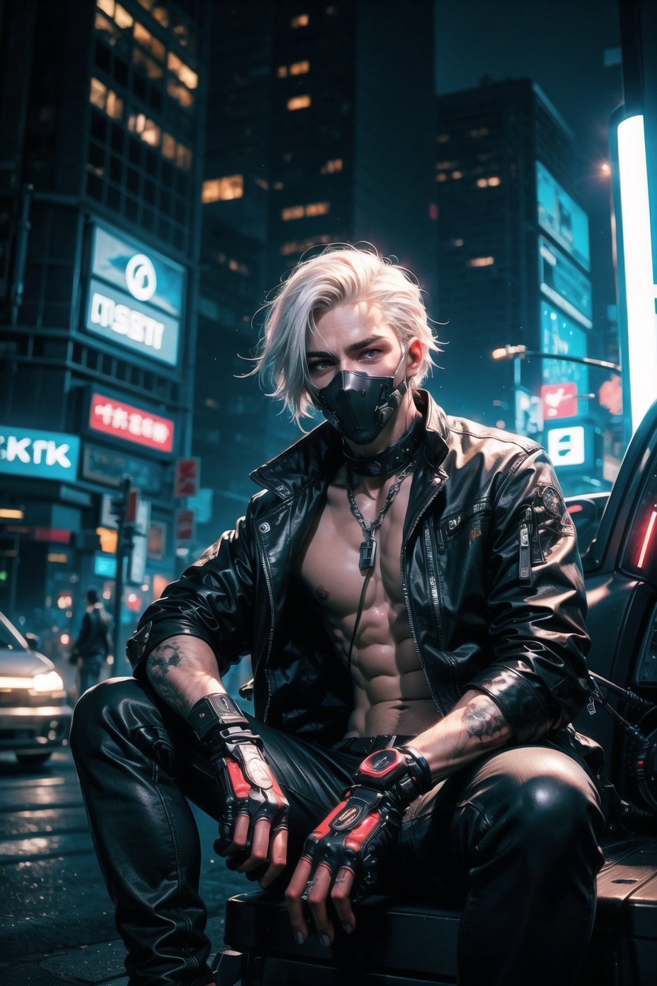"dark theme :: closeup face focus,  ultra realistic futuristic cyberpunk muscular male white hair sitting :: cyberpunk fac...