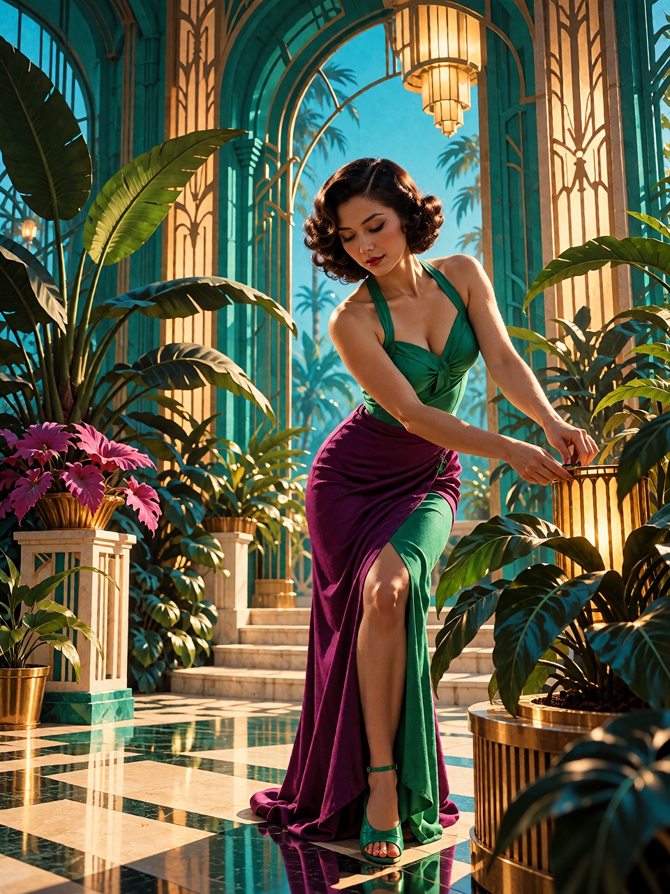 A young Asian woman,  clearly in her twenties,  tending tall tropical plants inside a monumental Art Deco greenhouse on Te...