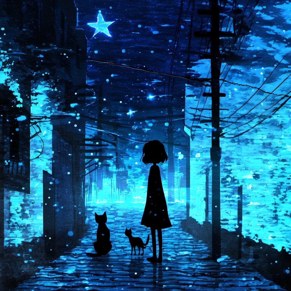<lora:star_xl_v3:1>,silhouette painting, ethereal ambiance, 1girl, solo, short hair, dress, standing, outdoors, sky, cloud, star \(symbol\), animal, cat, scenery, fish, blue theme, power lines, utility pole, a black silhouette of a girl, a black silhouette of a cat, wide shot, a serene and dreamlike urban setting at night., a narrow alleyway bordered by old buildings is illuminated by a soft blue glow, the alley is adorned with floating star-like particles, a black silhouette of a girl stand by a black silhouette of a cat, contemplative and ethereal, serene, dreamlike, urban setting, narrow alleyway, old buildings, soft blue glow, star-like particles, girl, dog, silhouette