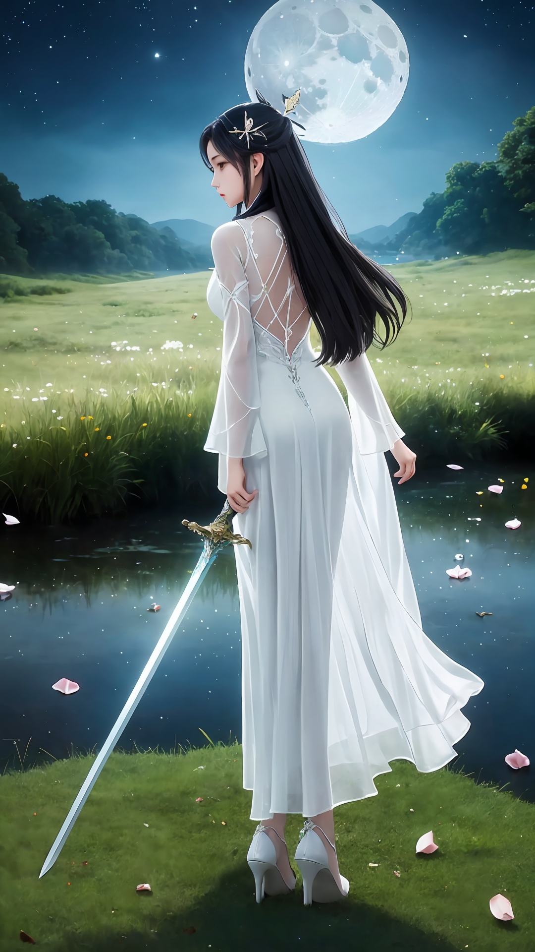 1girl,moon,weapon,dress,long hair,solo,hair ornament,black hair,white dress,petals,night,water,full moon,grass,high heels,full body,back,sword,<lora:girl solo luxueqi_20240911015355:0.7>,<lora:SD1.5泛光调节_v1.0:0.5>,