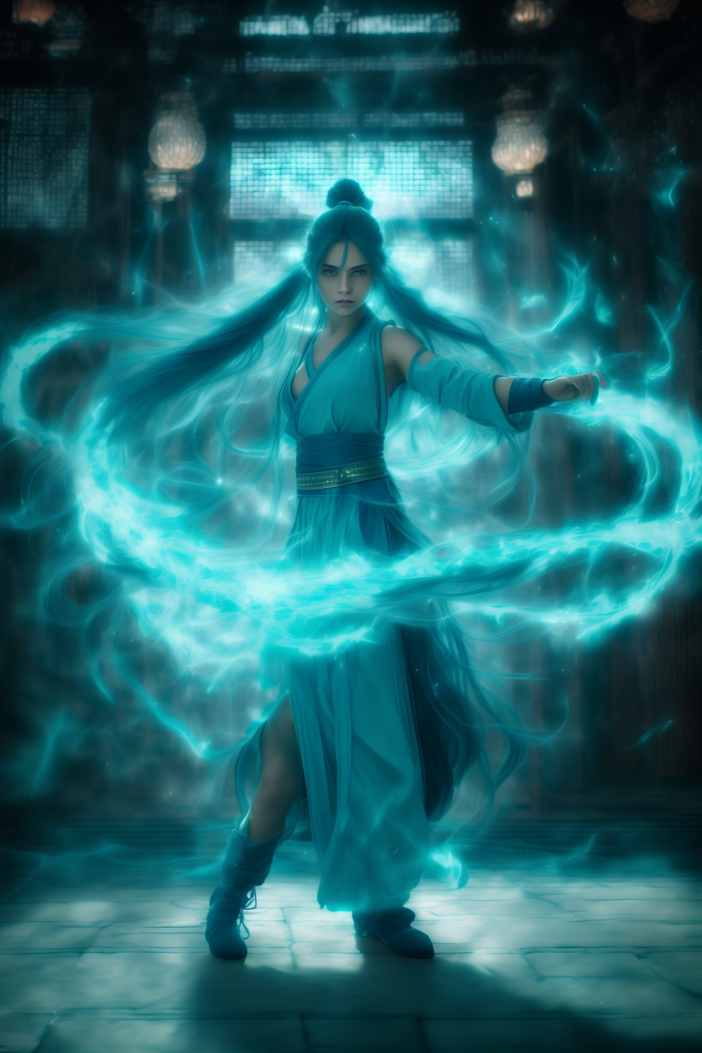 fighting stance,dancing,ancient-costume,cyan-aura,using cyan-magic,cyan-magic,1girl,solo,long hair,blue eyes,<lora:magic_fighting_cyan_512_15:0.8>,