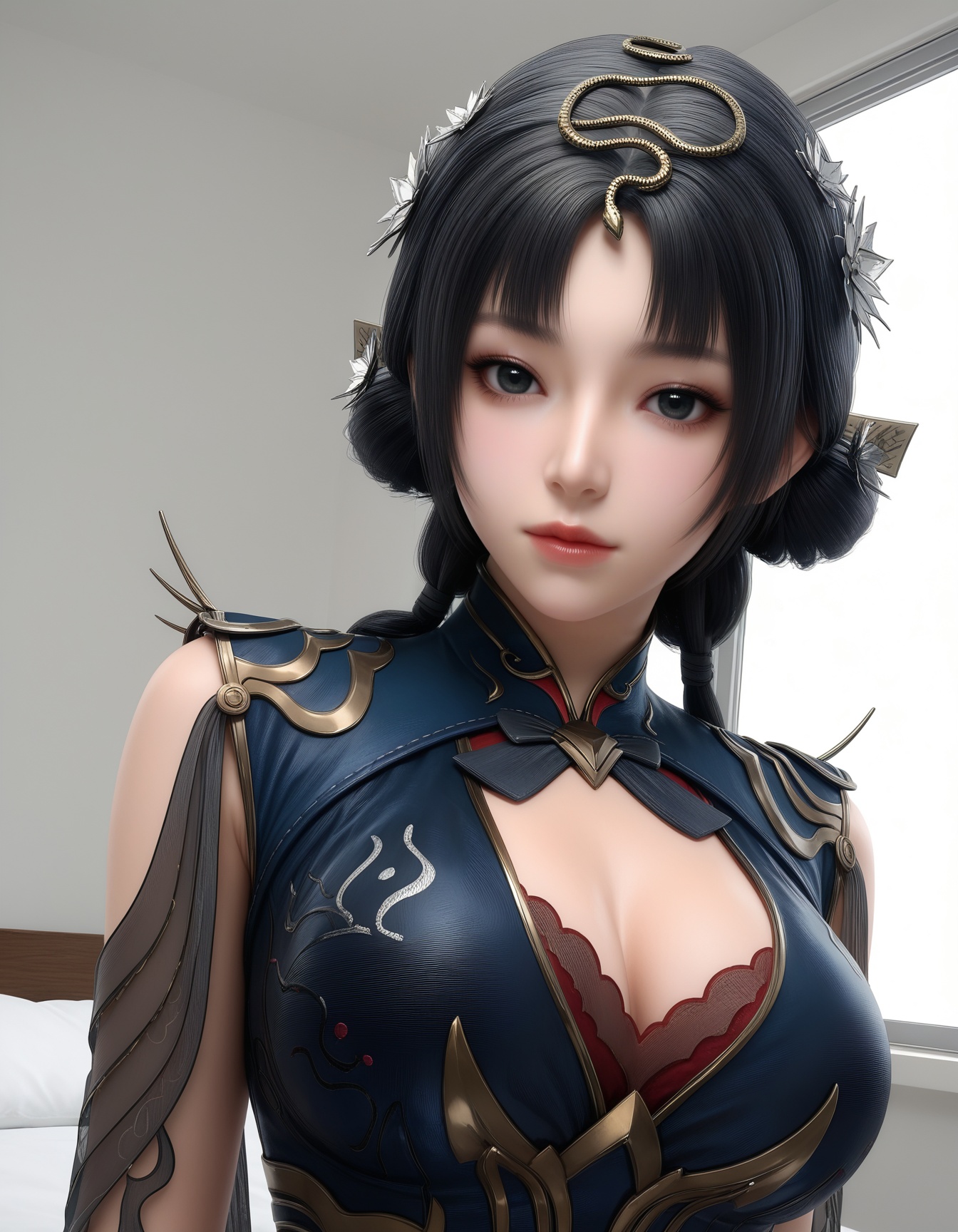 masterpiece,best quality,realistic,cinematic,detail eyes,(ultra-detailed),perfect composition,intricate details,absurdres,detailed face,high quality,high res,8K,<lora:X_jinxiaochai_IL4.0:0.8>,black hair,black eyes,hair bun,1girl,long hair,breast,big breasts,hair_ornament,dress,simple background,white_background,bed,looking_at_viewer,upper_body,window,