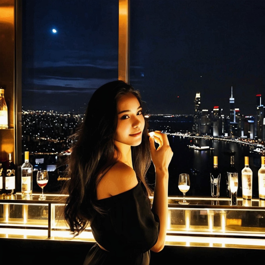 bar photo,skybar,<lora:barphoto_XL:0.5>,1girl,long hair,black hair,looking at viewer,solo focus,1 only hand up a strand of hair,bar in a skyscraper,city lights,luxury decor,high-end,best picture quality,masterpiece,window outdoor city background,urban landscape,magnificent_architecture,bar counte,art chandelier,<lora:20240705-1720127504546:0.2>,urban marginal line,moon,