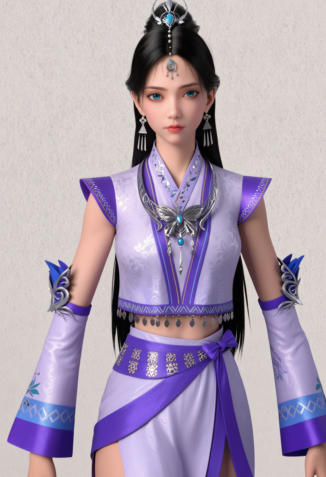 score_9,high detail,best quality,shiny skin,shiny,liuruyan,1girl,solo,blue eyes,long hair,black hair,jewelry,earrings,realistic,hair ornament,white background,closed mouth,dress,forehead jewel,detached sleeves,necklace,hair bun,lips,expressionless,simple background,looking at viewer,cowboy shot,thighs,<lora:QQSponyliuruyanV1:0.8>,<lora:Pony_DetailV2.0:0.8>,<lora:皮肤凹痕:0.1>,