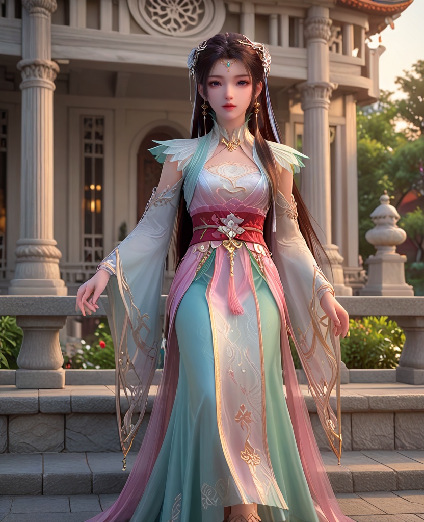 (oriental architecture, elegant decor, sophisticated style:1.1),(breakdance freeze:1.1),(breasts:1.2),<lora:XL少年白马易文君:0.95>,miss yiwenjun,green dress,corset,pink pelvic curtain,pink fart curtain,red sash,purple eyes,black hair,hair ornament,long hair,jewelry,earrings,hanging hair,sandals,, score_9,score_8_up,score_7_up,score_6_up,score_5_up,score_4_up,3d rendering,tag1,tag2, Cinematic Lighting,backlighting,