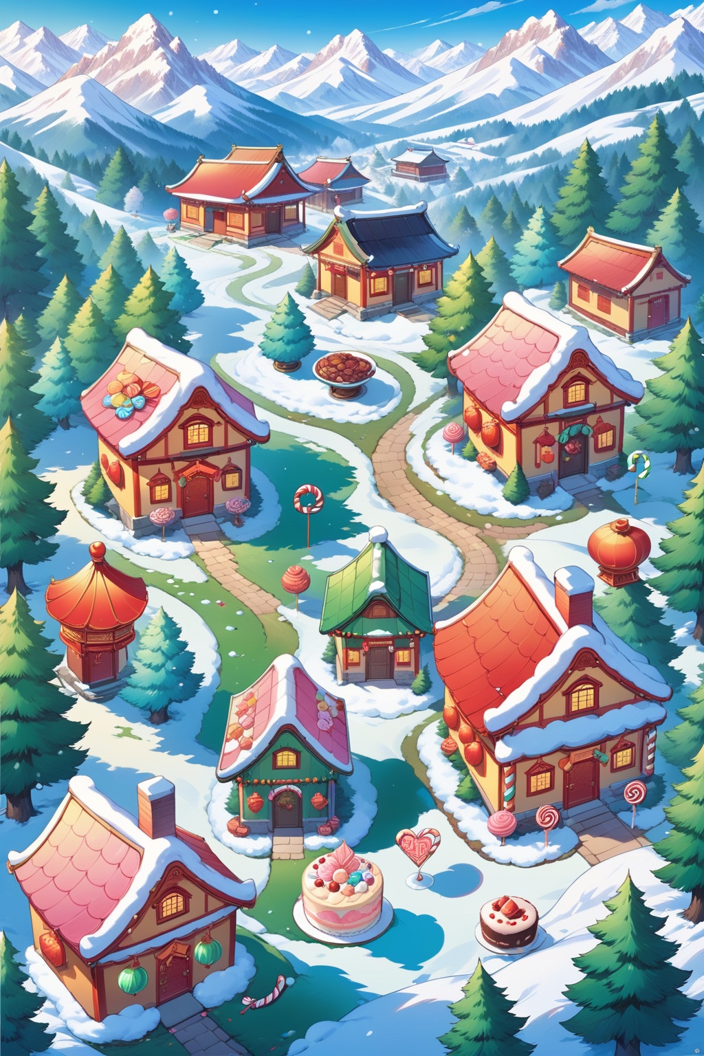 Masterpiece, best quality, HD, Chinese New Year, Spring Festival, outdoors, food, trees, no people, Windows, candy, nature, scenery, snow, forest, mountain, house, pine tree, candy cane, chimney, pine tree, candy, cake, Tender green grass, tender green leaves，  <lora:lora:0.7>