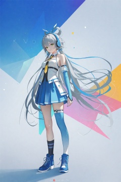 masterpiece,best quality,high quality,(colorful),[Artist sk (askzy)],[Artist wlop],Artist SHC, 1girl,Luo Tianyi (Vocaloid), solo, green eyes, asymmetrical legwear, long hair, single kneehigh, single sock, smile, hair rings, thighhighs, necktie, skirt, uneven legwear, single thighhigh, very long hair, looking at viewer, boots, socks, nail polish, full body, gloves, grey hair, mismatched legwear, bare shoulders, elbow gloves, pleated skirt, detached sleeves, kneehighs, breasts, headphones, sleeveless, standing, blue skirt, sidelocks, asymmetrical footwear, hair between eyes, blue footwear
