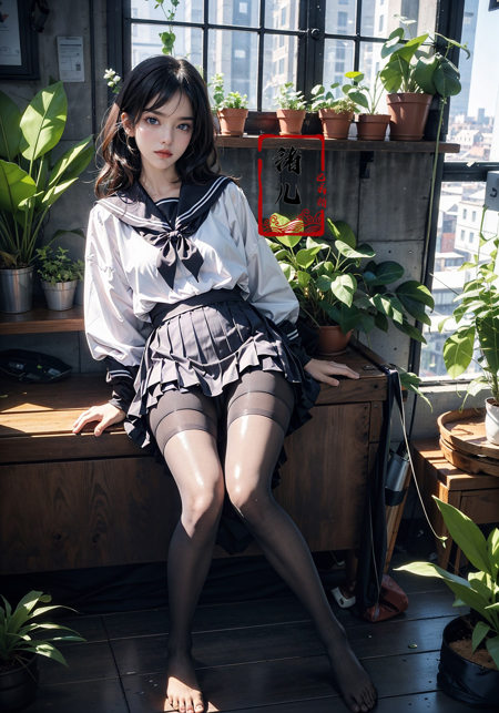 Epic CG masterpiece, an anime girl in a room with plants, no shoes, Black transparent pantyhose, pleated skirt, Sailor suit, sailor collar, in the style of photorealistic urban scenes, applecore, sandalpunk, high-angle, vacation dadcore, solarizing master1girl,  Milky skin, (shiny skin:1.4)，silk stockings，to lie down，<lora:绪儿-阳光少女window:0.8>