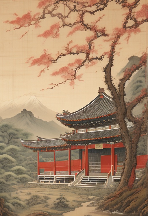 Chinese painting, architecture, east asian architecture, no humans, scenery, tree, outdoors, cloud, sky, mountain, <lora:Chinese painting_V10:0.9>, 