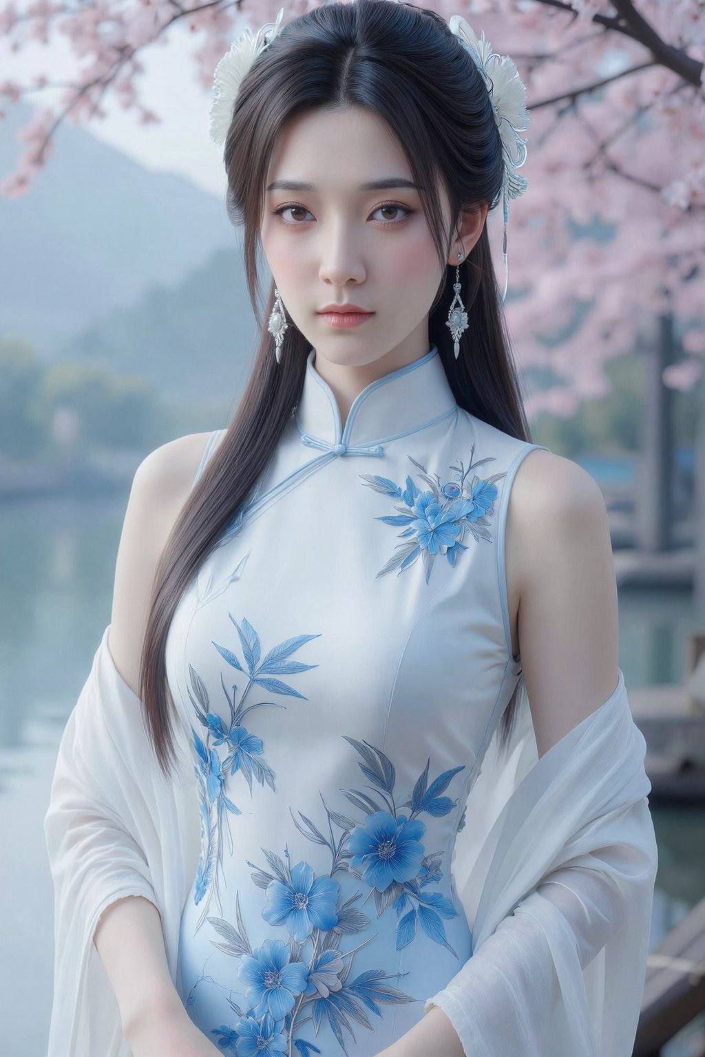 This is a highly realistic digital artwork of an East Asian woman with fair skin and delicate features. She has long, straight black hair adorned with a white floral headpiece. She wears a sleeveless, high-neck white dress with intricate blue floral embroidery, and a sheer white shawl draped off her shoulders. Her large, silver earrings match the floral theme. She stands in front of a serene lake with pink cherry blossom trees in the background, their branches slightly blurred. The misty, mountainous landscape adds a tranquil atmosphere. The woman's expression is calm and slightly melancholic, with soft, natural light highlighting her face and dress., cheongsam, sleeveless cheongsam, sleeveless cheongsam dress, high collar cheongsam, qipao, halter-neck cheongsam dress <lora:20251228_TinZ-ImageCheongsamLora10:1>