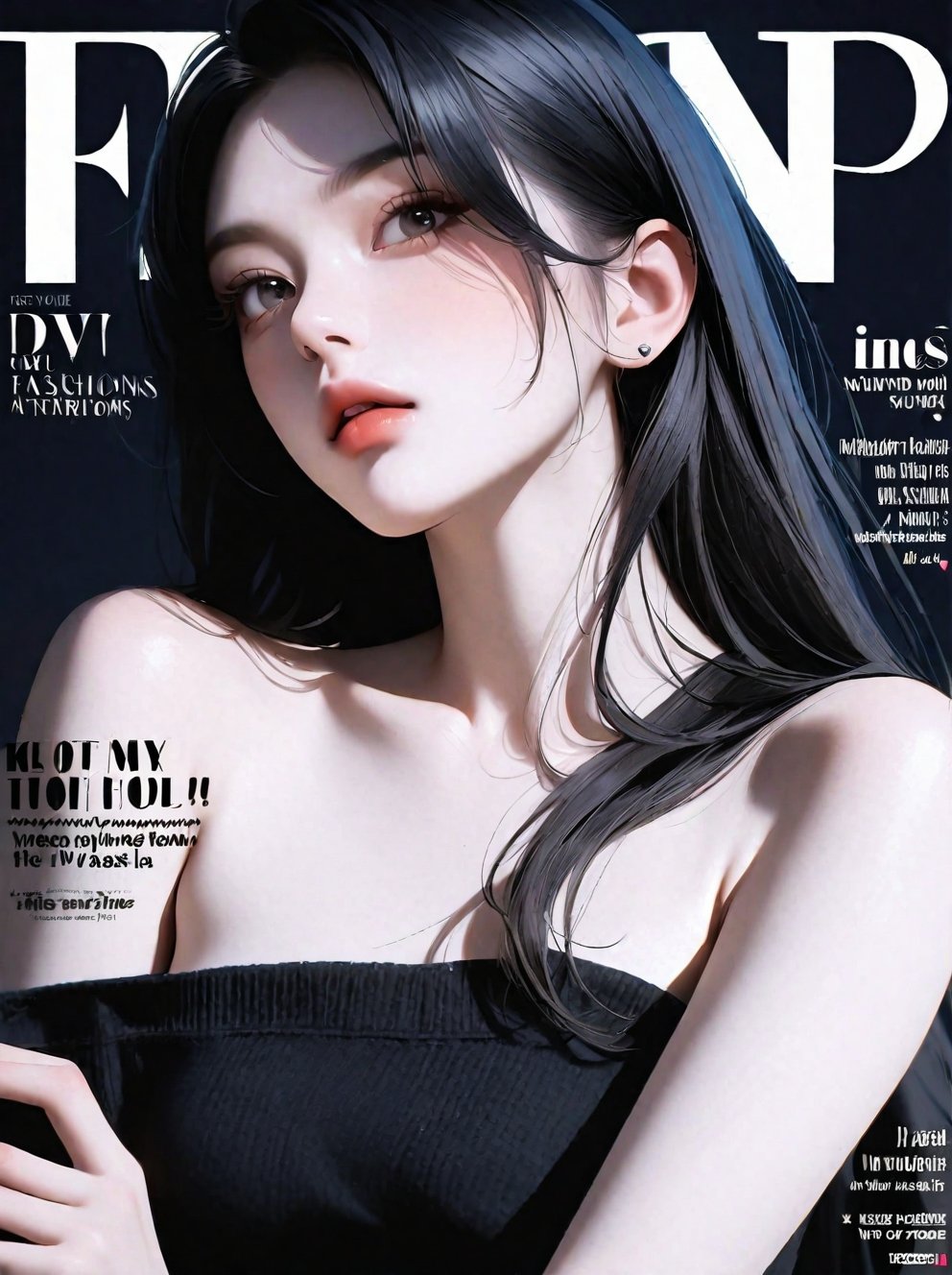 1girl,solo,k-pop,black hair,long hair,magazine cover,text 'Fashion',realistic,masterpiece,newest,absurdres,sensitive,very aesthetic,<lora:fashigirl-v2-sdxl-7ep:0.7>,