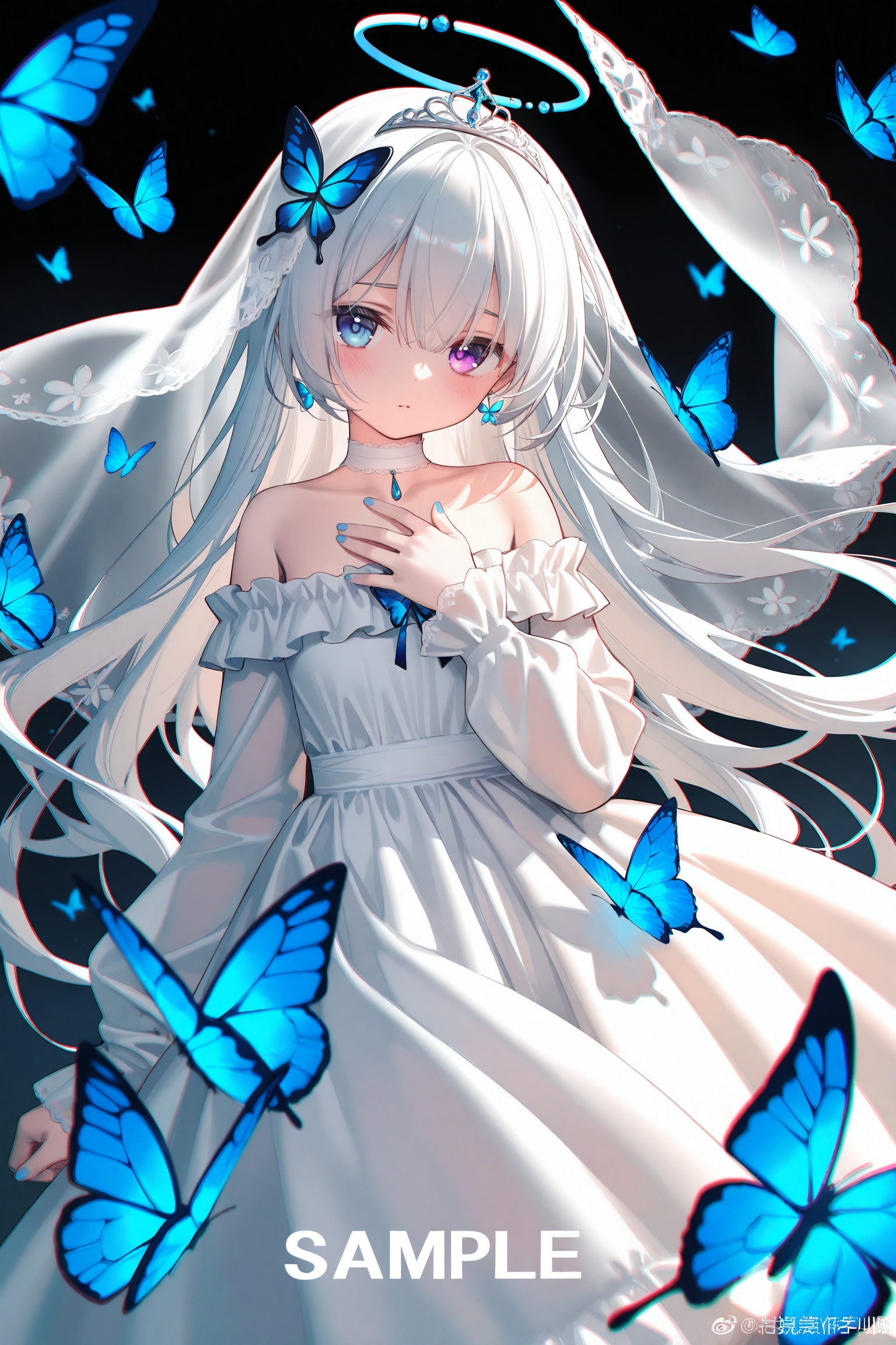 masterpiece,absurdres,best quality,petite,high quality,chromatic_aberration,loli,//,1g1girl,bug,blue butterfly,butterfly,dress,solo,weibo username,weibo logo,white dress,white hair,watermark,blue eyes,black background,long hair,looking at viewer,off-shoulder dress,heterochromia,purple eyes,hand on own chest,sample watermark,tiara,off shoulder,butterfly hair ornament,long sleeves,choker,long dress,frilled dress,halo,blue nails,white veil,/,artist:ciloranko,artist:suimya,artist:muririn,artist:peas0125,artist:sho_(sho_lwlw),artist:tianliang_duohe_fangdongye,artist:eip (pepai),artist:rukako,artist:toosaka_asagi,artist:ask(askzy),
