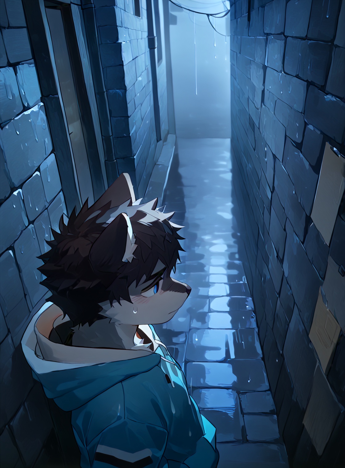 dark narrow alley,person standing,short dark hair,striped hoodie,dimly lit,blueish hue,raindrops falling,wet reflective walls,moody atmosphere,deep in thought,feeling melancholic,body fur,furry,negative hint,<lora:电影工坊V3.0:0.44>,<lora:nayoshi01g:0.4>,<lora:细腻线条:0.35>,<lora:Expressive_H:0.3>,<lora:Gondom_Style:0.6>,close-up,from_above,eyes_focus,depth of field,