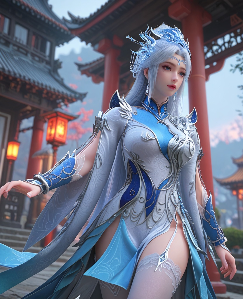 (oriental architecture, elegant decor, sophisticated style:1.1),(walking:1.1),(breasts:1.2),<lora:XL百炼成神宁雨蝶大奶宗主:0.95>,miss ningyudie,white dress,blue eyes,eyelashes,mole under right eye,white hair,long hair,hair ornament,sidelocks,earrings,bracer,shawl sleeves,pelvic curtain,lace stockings,, zPDXL2, score_9, score_8_up, score_7_up BREAK realistic, masterpiece,best quality, highly detailed,, zPDXL3, zPDXL2,zPDXL, zPDXLxxx, zPDXLrl,