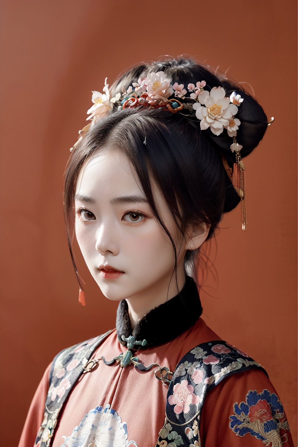 masterpiece,best quality,FRONT,there are flowers on the head,qing dynasty women's hair buns,hair_bun,simple_background,<lora:清代宫廷人设>,close-up,qing dynasty clothing,portrait,ancient china,red background,