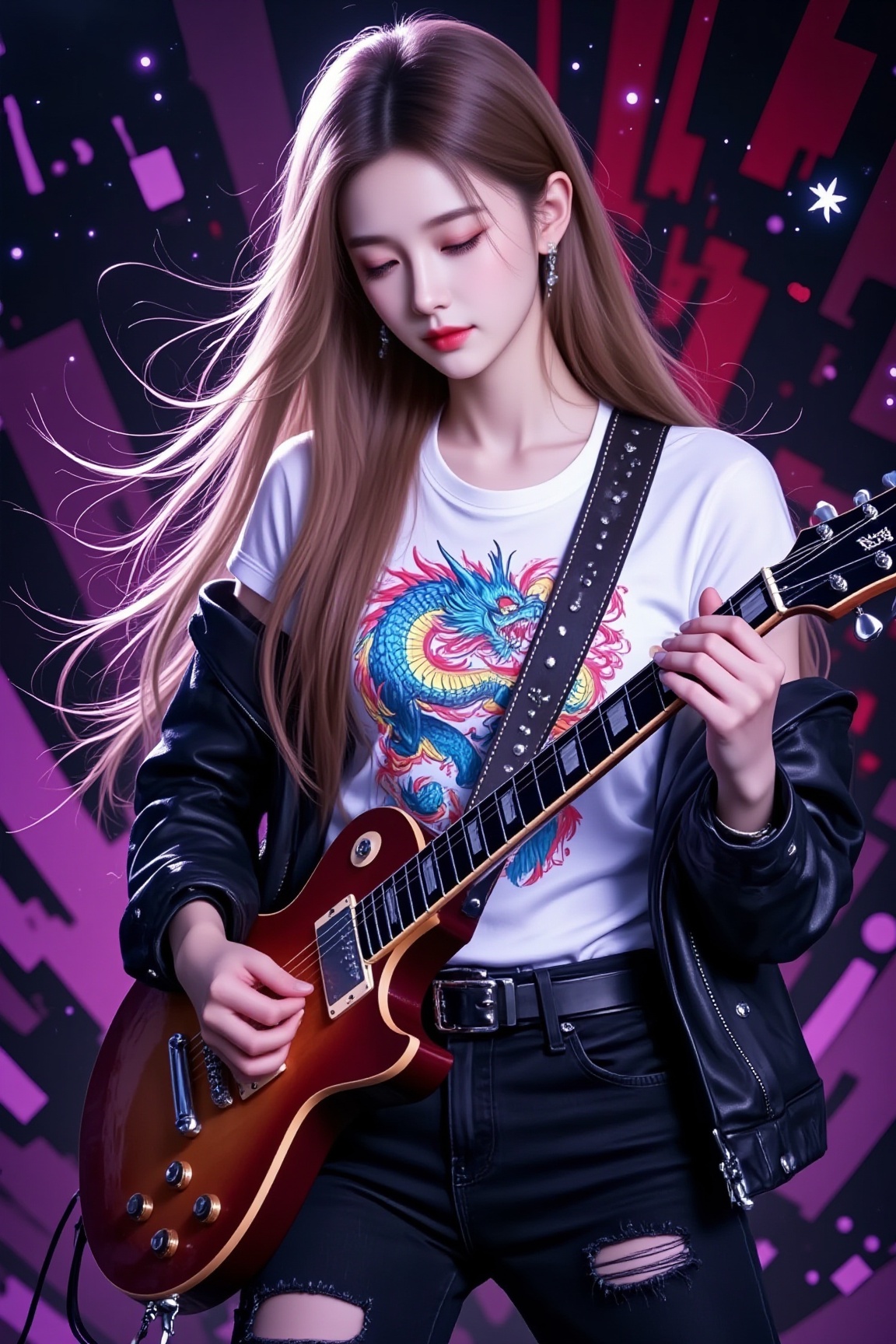 <lora:YY-拽姐F.1:1>,This is a vibrant, dynamic digital illustration featuring a young woman playing an electric guitar. She has long, flowing light brown hair and a pale skin tone. Her eyes are closed, giving a sense of intense concentration. She wears a white t-shirt with a colorful, intricate dragon design on the front, and a leather guitar strap over her shoulder. Her right hand is playing the guitar, while her left hand is holding the neck. Her outfit includes a black leather jacket with silver studs, black jeans with rips, and a black leather belt with a silver buckle. The background is filled with a chaotic array of vibrant colors and patterns, including purple, red, and black, with abstract shapes and symbols, giving a sense of a busy, energetic environment. The overall style is anime-inspired, with sharp lines and vivid colors, and the illustration captures a sense of movement and excitement.