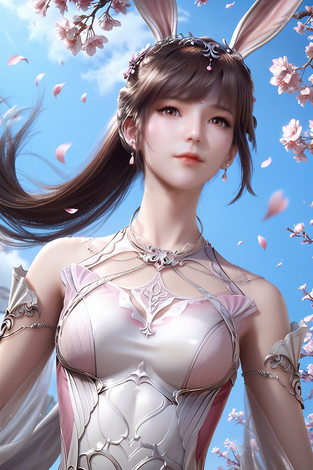 1girl,animal ears,rabbit ears,solo,pink dress,upper body,flower,dress,metal collar,ponytail,sky,collar,earrings,brown hair,hair ornament,blue sky,long hair,jewelry,petals,looking at viewer,cherry blossoms,branch,falling petals,<lora:wy_xiaowu_XL1.0:0.8>,, score_9,score_8_up,score_7_up,score_6_up,score_5_up,score_4_up,