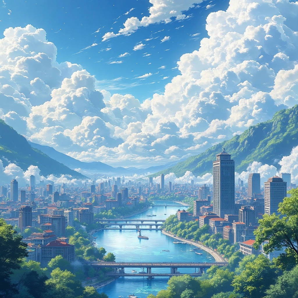 scenery, cloud, sky, no humans, outdoors, tree, building, day, blue sky, city, water, cityscape, cloudy sky, bridge, skyscraper, river