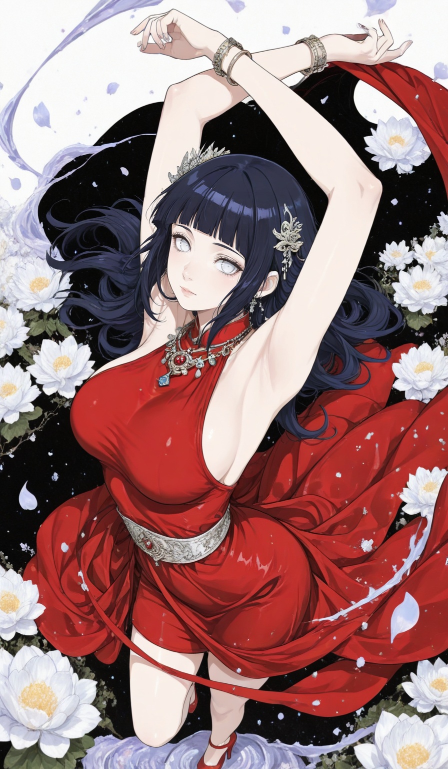 hyuuga hinata Naruto,1girl,hyuuga hinata,solo,long hair,blunt bangs,black hair,(white eyes:1.3),large breasts,no_pupils,1girl,solo,dress,red dress,jewelry,full body,high heels,white background,cape,simple background,necklace,standing,bracelet,hair ornament,looking at viewer,depth of field,masterpiece,best quality,very aesthetic,alternate costume,alternate costume,2024,2023,perfect composition,ultra-detailed,extreme aesthetic,masterpiece,best quality,good quality,newest,year 2024,year 2023,very aesthetic,absurdres,looking_at_viewer,colorful,<lora:色彩滤镜:0.81>,lvjing,black_background,