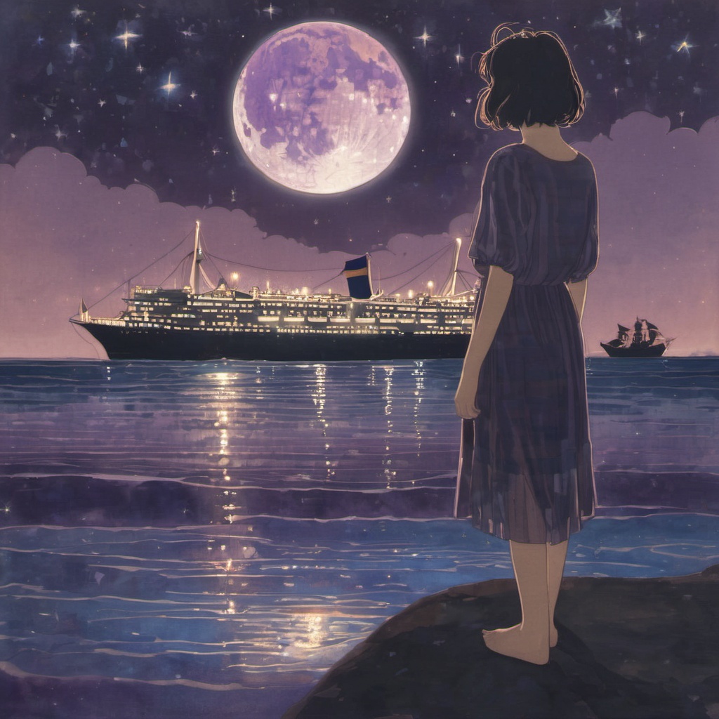 <lora:ukiyo-e_xl:1>,a person standing on a beach next to a large ship at night with a full moon in the sky,1girl,solo,short hair,dress,standing,outdoors,sky,cloud,water,night,halo,moon,star \(sky\),night sky,scenery,starry sky,crescent moon,building,reflection,city,fantasy,city lights,The image portrays a serene nighttime scene by a body of water. The sky is painted with hues of purple,blue,and a crescent moon. The water reflects the colors of the sky and the lights from the ship. On the left,a silhouette of a girl stands by the water's edge,gazing at the ship. She wears a dress and has a glowing headpiece. The ship,illuminated with lights,appears to be a large vessel with multiple decks. The entire scene is bathed in a magical ambiance,with sparkles and particles floating in the air,adding to the dreamy atmosphere.,body of water,ship,girl,headpiece,decks,magical ambiance,sparkles,particles,
