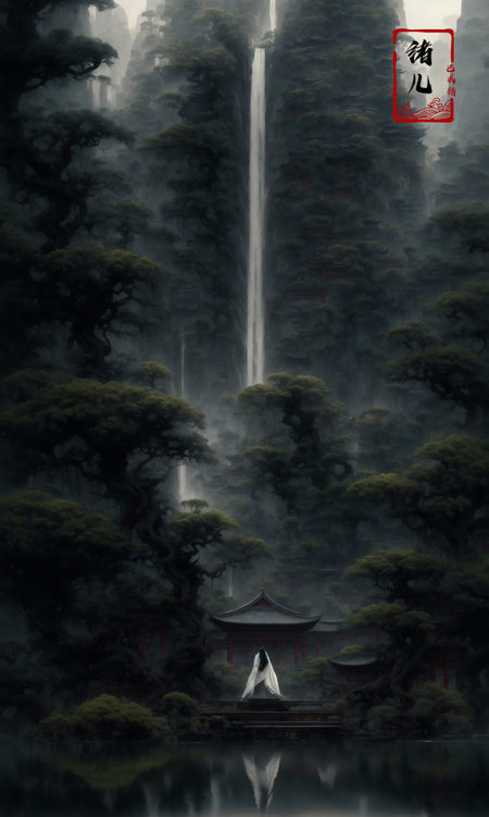 an painting in a style of oriental painting, in the style of matte painting, layered and atmospheric landscapes, rich and immersive, quiet contemplation, dark white and green, history painting, zen-inspired, grandeur of scale，highly detailed, dynamic, cinematic, stunning, realistic lighting and shading, vivid, vibrant, 8k,octane render, unreal engine, very detailed, concept art, realistic, Cry engine, wide shot，very long hair，white hair，east asian architecture，building，pagoda，scenery，pine，tree，outdoors，bridge，water，reflection，fog，boat，pond，moss，<lora:绪儿-松pine:0.9>