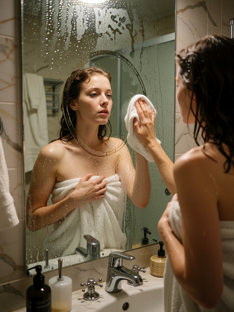 Elegant 27-year-old woman standing before a fogged bathroom mirror after a shower,  wrapped securely in a white towel,  da...