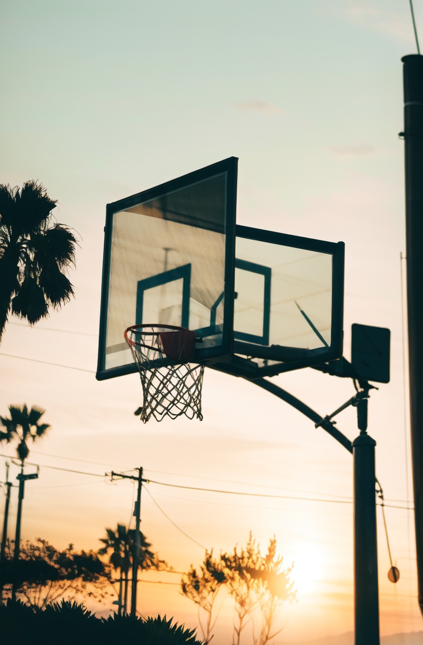masterpiece,best quality,(absurdres:1.2),tree,no humans,sky,outdoors,palm tree,sunset,cloud,scenery,gradient sky,Basketball Hoop,silhouette,