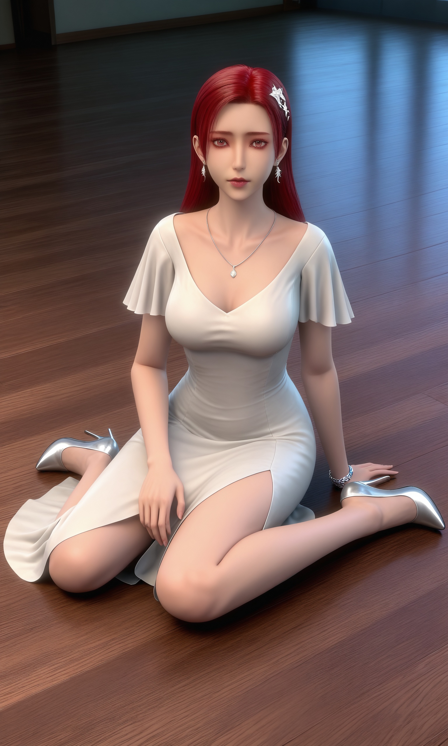 <lora:游侠战纪-秦梨落-白裙Pony:0.8>,1girl,long,straight red hair,form-fitting,off-white,knee-length dress,short,flared sleeves,deep V-neck,high slit,small pendant,bracelet on her right wrist,silver high heels,looking at viewer,sitting,wooden floor,realistic,arm support,medium breasts,yokozuwari,on floor,