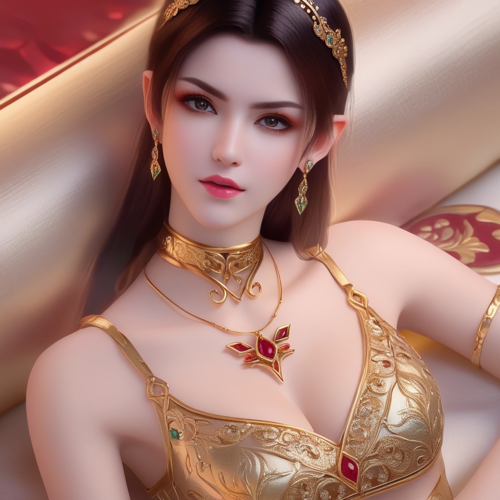<lora:850-DA-XL-斗破苍穹-美杜莎-红色睡衣:0.8>, (,1girl, ,best quality, ),,masterpiece, ((((1girl, solo , lying, )))) (cleavage),,  (), ,ultra realistic 8k cg,   clean, masterpiece,      (( , )),,  , unreal, science fiction, luxury, jewelry, diamond, gold, pearl, gem, sapphire, ruby, emerald, intricate detail, delicate pattern, charming, alluring, seductive, erotic, enchanting, hair ornament, necklace, earrings, bracelet, armlet,halo,(cleavage),, , (),