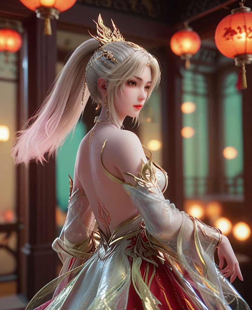 (oriental architecture, elegant decor, sophisticated style:1.1),Standing in a doorway, half in shadow, half in light, creating a mysterious mood,,(breasts:1.2),<lora:XL完美世界剧版火灵儿浴火妆:0.95>,1girl,solo,red backless dress,silver gradient pink ponytail,collar,see-through shawl,backless outfit,earrings,forehead mark,see-through trim,see-through,clavicle tattoo,back tatto,jewelry,hair ornament,, zPDXL2, score_9, score_8_up, score_7_up BREAK realistic, masterpiece,best quality, highly detailed,, zPDXL3, zPDXL2,zPDXL, zPDXLxxx, zPDXLrl,