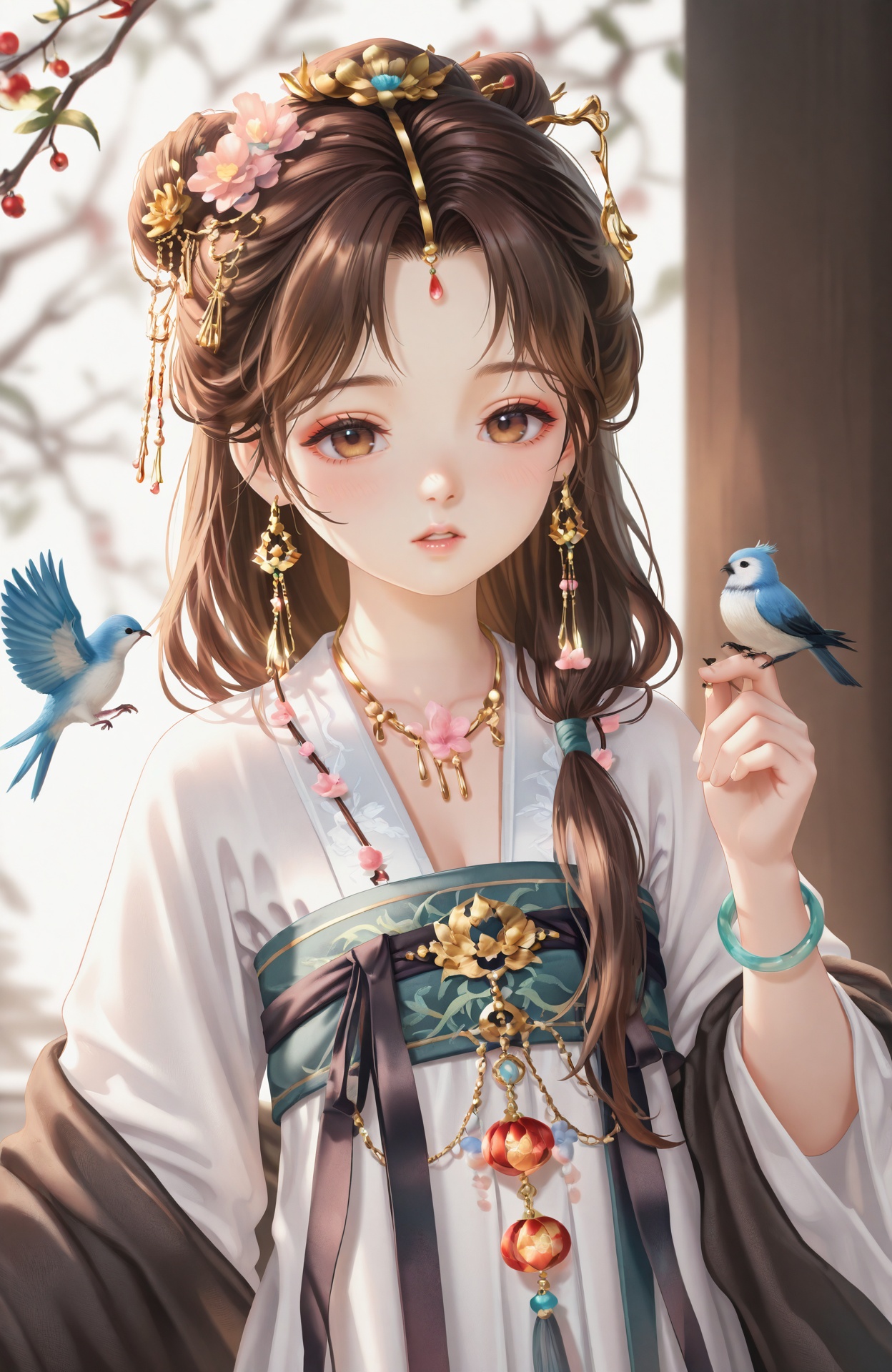 masterpiece,absurdres,best quality,loli,petite,high quality,chromatic_aberration,//,1girl, jewelry, hanfu, bird, hair_ornament, solo, long_hair, upper_body, brown_hair, chinese_clothes, hair_over_shoulder, necklace, parted_lips, looking_at_viewer, branch, earrings, bracelet, holding, fruit, brown_eyes, long_sleeves, teeth, blurry_background, blurry, hair_bun//,<lora:古风厚涂Loli——【CKXL】hans:1>,