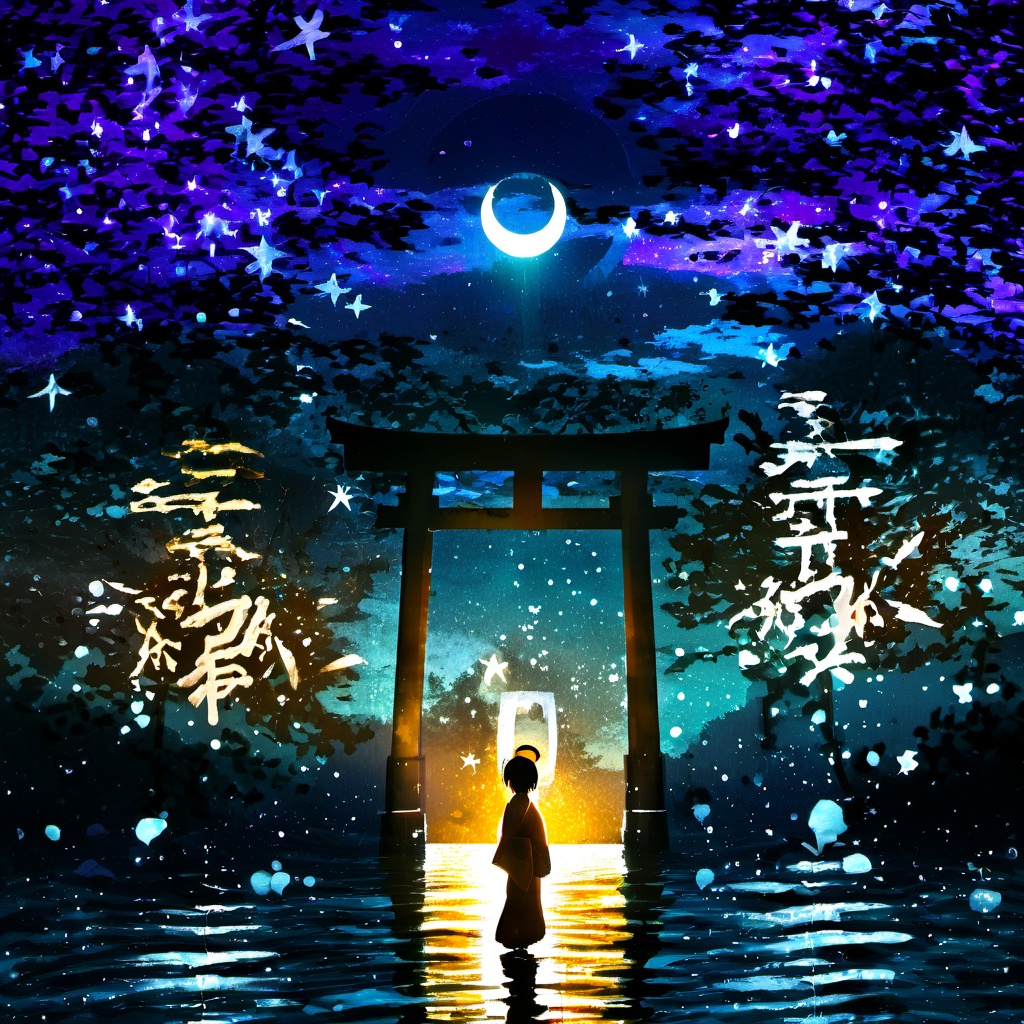 <lora:star_xl_v2:1>,a person standing in front of a lantern in the dark with a crescent on it and a full moon in the sky, 1girl, solo, standing, japanese clothes, sky, water, tree, night, moon, bug, scenery, silhouette, torii, crescent moon, star \(sky\), nature, starry sky, The image portrays a serene and mystical night scene. In the foreground, there's a silhouette of a person standing in front of a large, ornate torii gate. The gate is illuminated from the inside, casting a warm, golden glow. The person is dressed in traditional attire, possibly a kimono, and is facing away from the viewer, looking towards the horizon. The background is filled with a mesmerizing blend of colors, predominantly blues and purples, representing the night sky. There are numerous stars scattered throughout, and a crescent moon is visible in the center. The water below reflects the colors of the sky, adding to the tranquility of the scene. On the right side, there's a silhouette of a butterfly, adding a touch of life and movement to the otherwise still image., serene, mystical, night scene, torii gate, golden glow, traditional attire, stars, butterfly