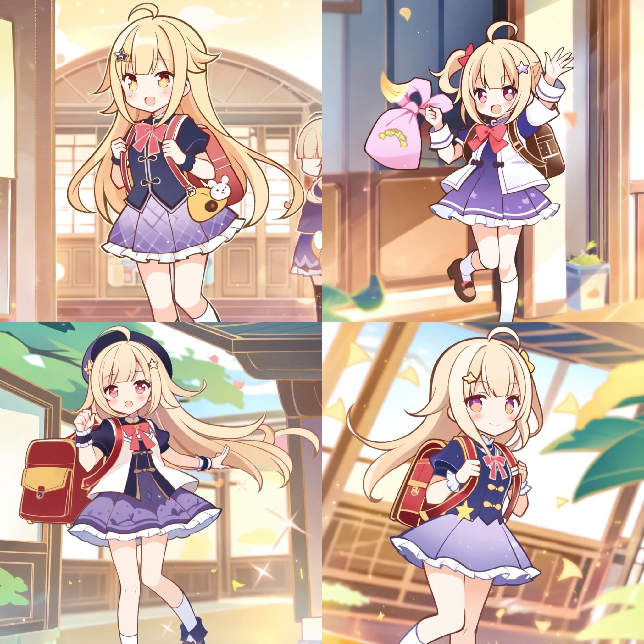 (1girl),quan,yumenouchi chiharu,sakura,henreader,baku-p,daizu \(melon-lemon\),bag,top,holding bag,backpack,holding,ribbon,white socks,star hair ornament,purple skirt,long hair,blonde hair,ahoge,bow,frills,randoseru,blunt bangs,(solo:1.1),smile,masterpiece,newest,absurdes,<lora:liyueFP8v2:0.8>,