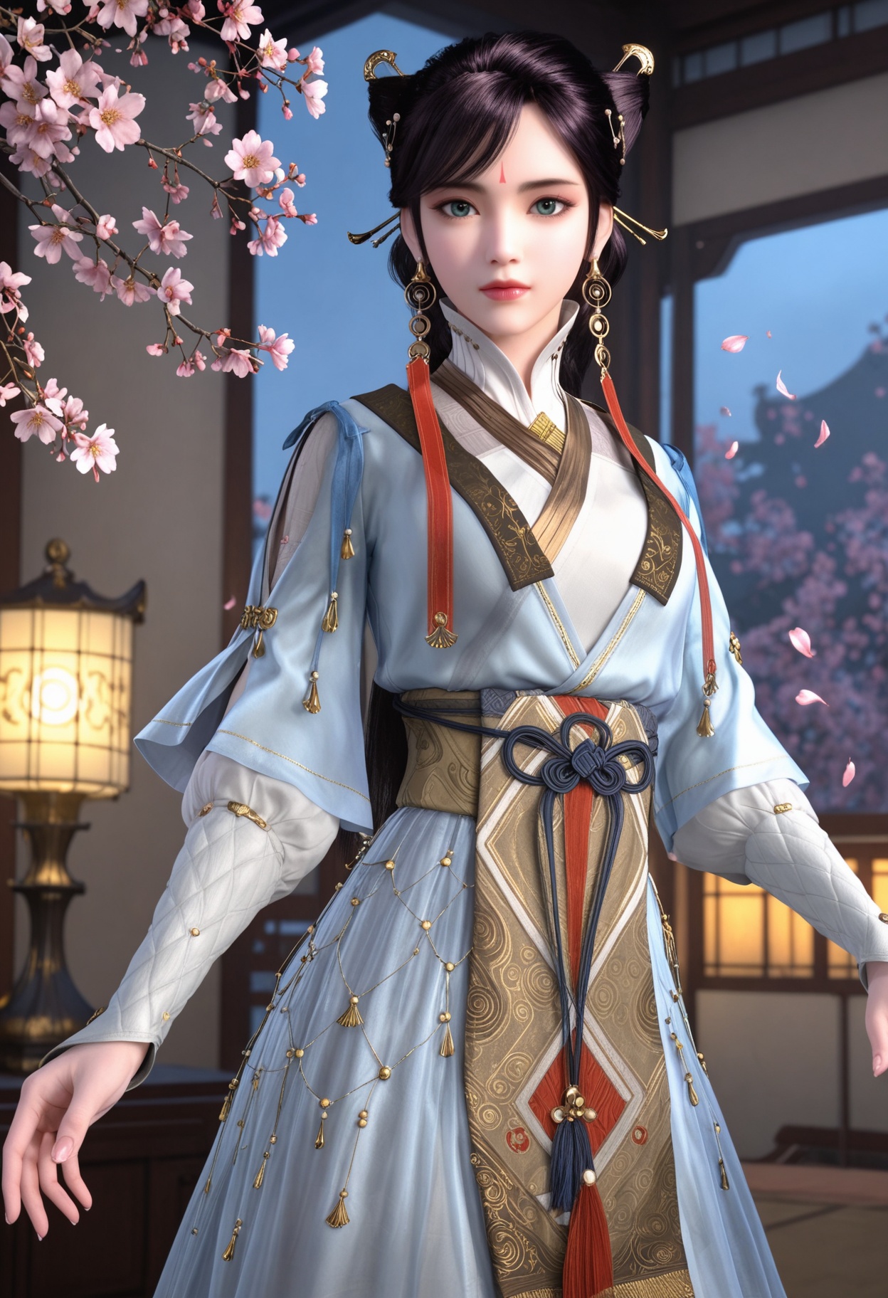 (cowboy shot:1.2),(looking at viewer:1.1),masterpiece,(best quality),smog,Dark room,dim lighting,peach blossom,falling petals,<lora:YQ_Illustrious光辉v5_徐灵犀_V1:0.8>,q1528437228,1girl,solo,jewelry,earrings,hair ornament,black hair,lips,chinese clothes,dress,forehead mark,green eyes,hair bun,long hair,makeup,brown hair,hair stick,long sleeves,tassel,boots,white pantyhose,braid,blue eyes,brown eyes,double bun,