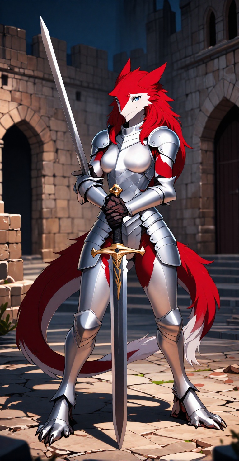 Highly realistic portrait of a solo female anthro sergal stands firmly in full templar armor,  her red fur catching the di...