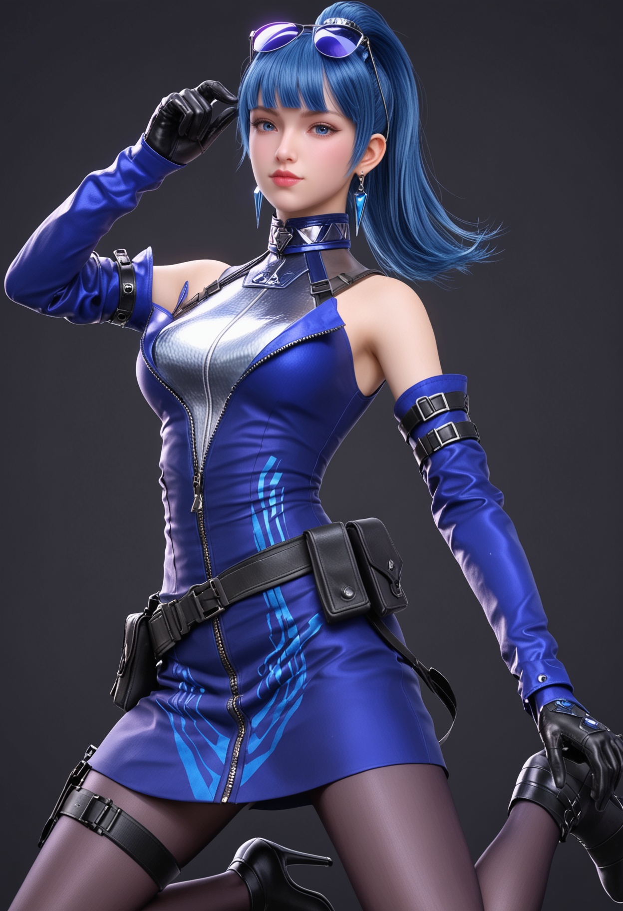 (upper_body:1.2),(looking at viewer:1.1),facing viewer,direct gaze,<lora:YQ_pony_wumengmeng_V4:0.8>,1girl,q1528437228,solo,blue hair,eyewear on head,earrings,gloves,jewelry,ponytail,detached sleeves,long hair,pantyhose,belt,dress,holster,blunt bangs,high heels,black hair,jacket,black footwear,brown eyes,thigh holster,collar,sleeveless,blue eyes,skirt,blue dress,grey eyes,belt pouch,thigh strap,BREAK (simple background,pure black background,black background:1.1),perfect anatomy,